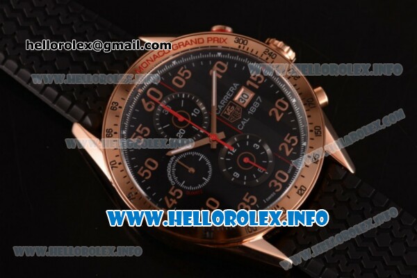 Tag Heuer Carrera Calibre 1887 Automatic Chronograph Miyota Quartz Rose Gold Case with Black Dial Red Second Hand and Black Rubber Strap - Click Image to Close